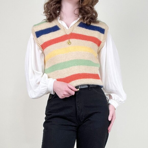 Vintage 1970s Hand Knit Wool Sweater Vest Oversized Preppy Nautical Eclectic 70s - Picture 5 of 8